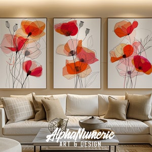 Poppy line art sketch modern wall art set of 3 downloads, vibrant - cottagecore, Watercolour, printable Gift, Bedroom Prints, Home, Wall Art