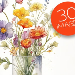 Vase mit Blumen Clipart - 30 hochauflösende JPGs - Digitaler Download - Kartenherstellung, Mischtechnik, digitales Papiermodell, Frühlingsblumen