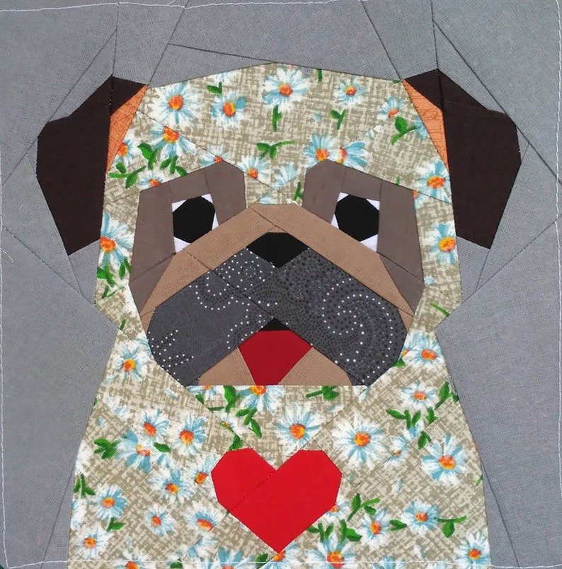 Pug Quilt Block PDF Pattern 1 full face 4 versions | Etsy