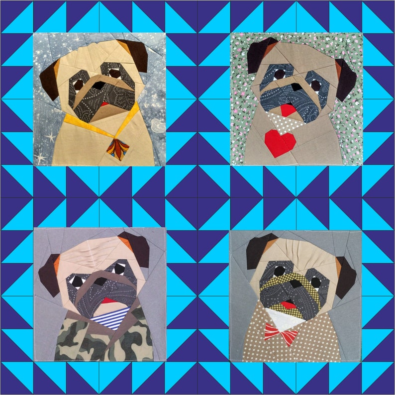 Pug Quilt Block PDF Pattern 2 with tilt 4 versions Etsy