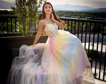 Womens Rainbow Dress, Corset Wedding Dress, Fantasy Dress for Women, Trendy Pageant Dress, Romantic Dress, Long Dress