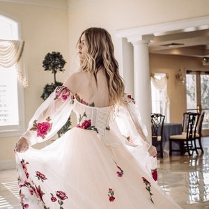 Embroidered Rose Tulle Gown, Off Shoulder Floral Gown With Detachable Sleeves, Designer Bridal Gown, Party Dress For Women