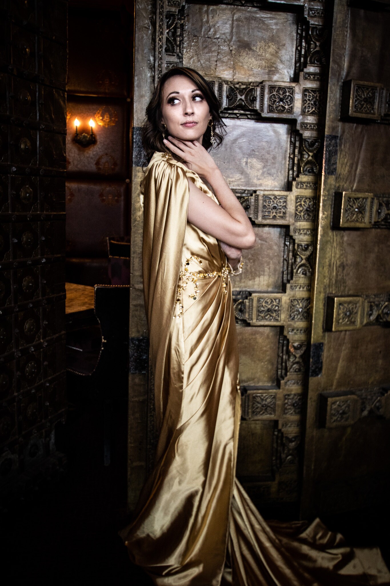 Gold Satin Gown With Sequins, Satin Wedding Dress, Party Wear Gown ...
