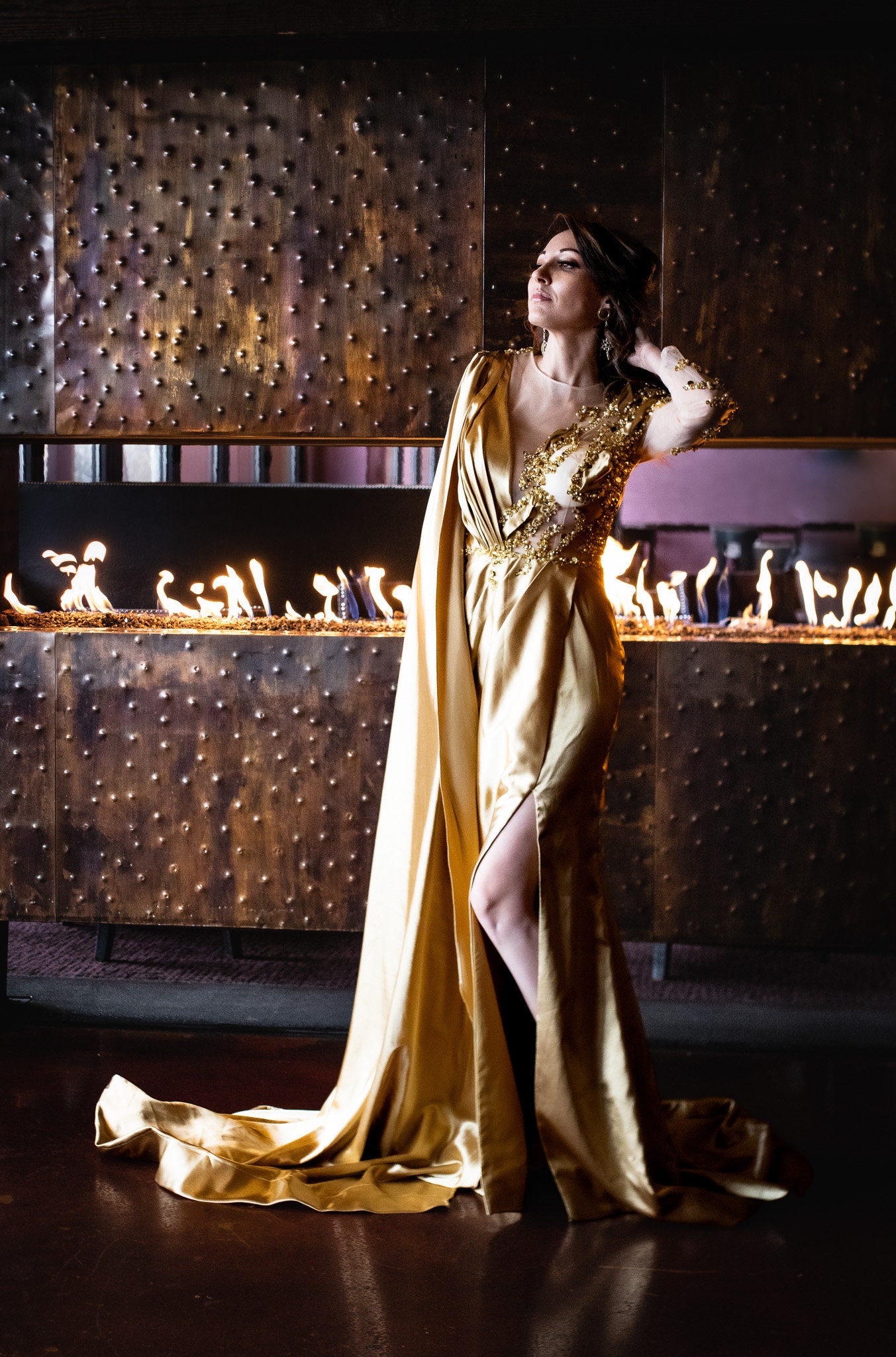 Gold Satin Gown With Sequins, Satin Wedding Dress, Party Wear Gown ...