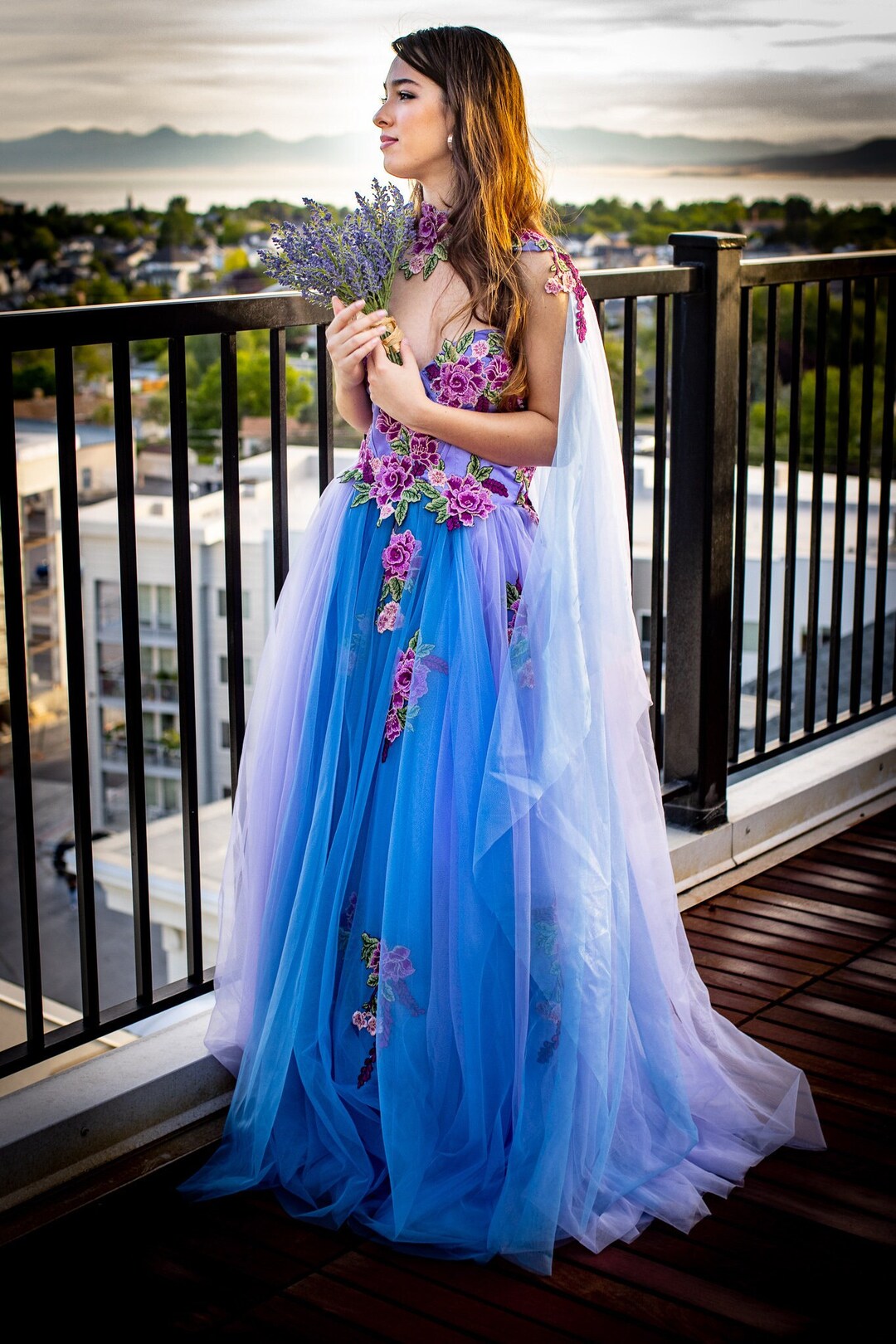 Wedding dress blue flowers cheap