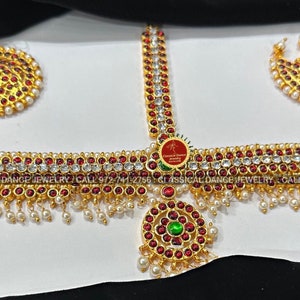 Red WHITE STONE Temple Indian Jewelry Headset | Bharatnatyam, Kuchipudi, Weddings, Birthdays | Classical Dance Jewelry