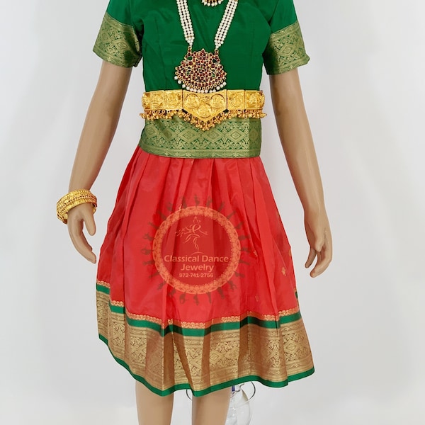 Green Orange Kids 5-7 yrs Dance Pattu Pavadai Blouse | Kuchipudi Bharatanatyam | Art Silk Dharmavaram Kanchi | Classical Dance Jewelry