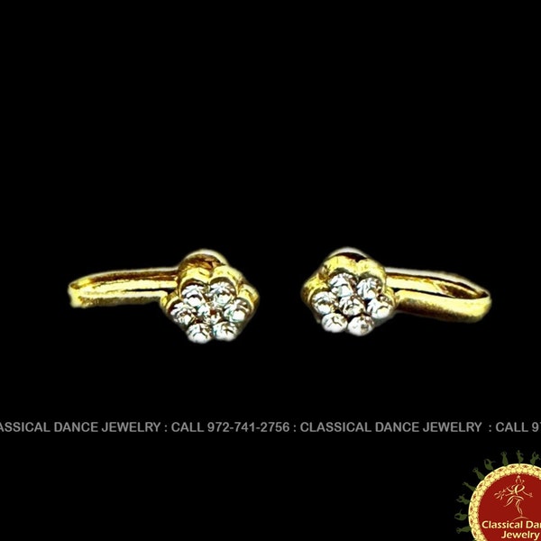 Non Pierced Gold White Stone Flower Traditional Indian Jewelry Nose Pin | Weddings Bharatanatyam Kuchipudi | Classical Dance Jewelry