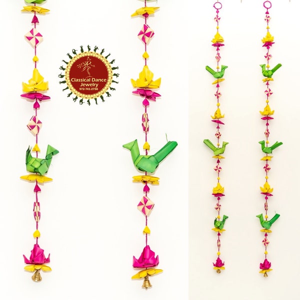 Cordes écologiques en feuilles de palmier avec perroquets, lotus, cloches pour événements ou festivals | Bijoux de danse classique