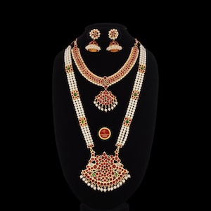 3 PC Temple 3 lines Pearls Dance Indian Jewelry | Padaakam | Bharatnatyam, Kuchipudi, Weddings, Birthdays | Classical Dance Jewelry