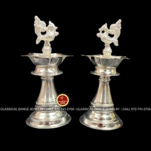 German Silver Peacock Diya Lamps Set | Designer 6 inchs | Return gifts Pongal Diwali Parties Engagement Weddings | Classical Dance Jewelry