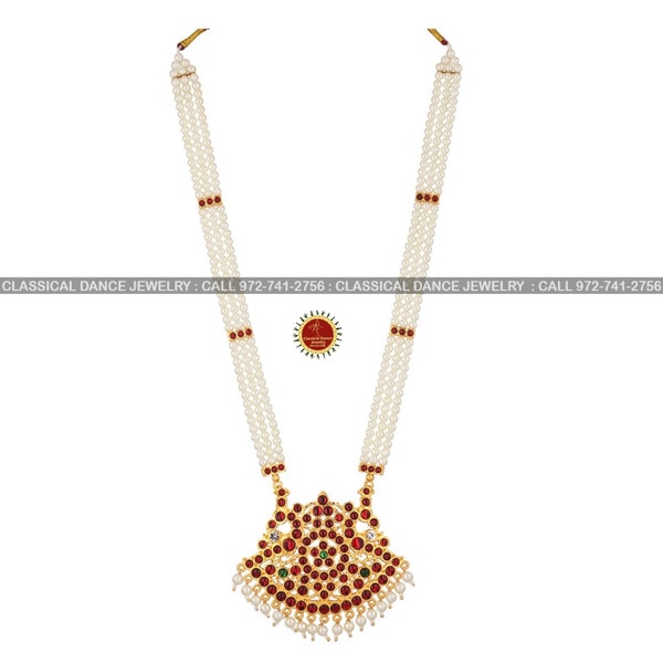 Red Kemp 3 lines pearl Temple Indian jewelry | Haram | Bharatanatyam,Kuchipudi,Engagement,Weddings,Birthdays | Classical Dance Jewelry