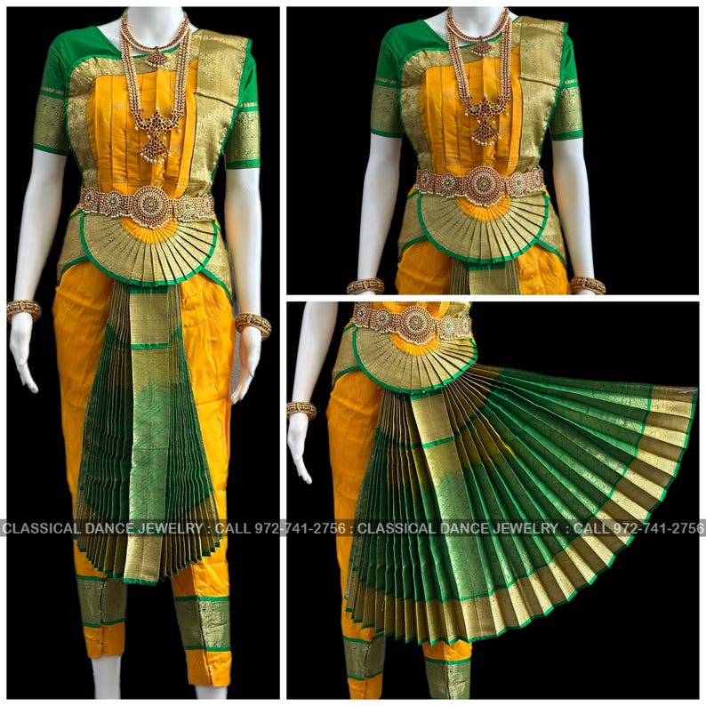 May include: A traditional Indian classical dance costume in yellow and green. The outfit includes a green and gold top, yellow pants, and a decorative belt. The costume is adorned with gold jewelry and a pleated green skirt-like element.