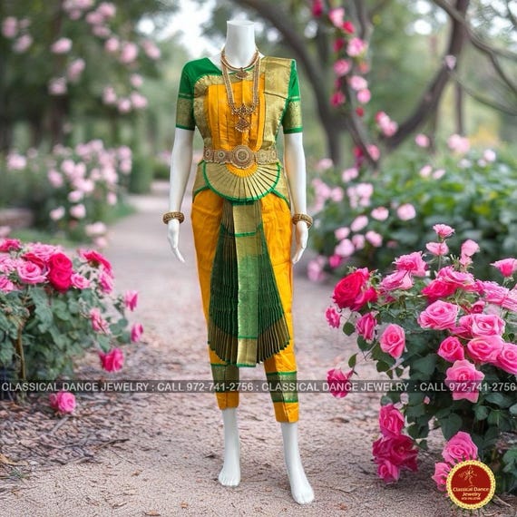 MANGO YELLOW GREEN 36 Inch Pant Length Bharatanatyam Gold Zari