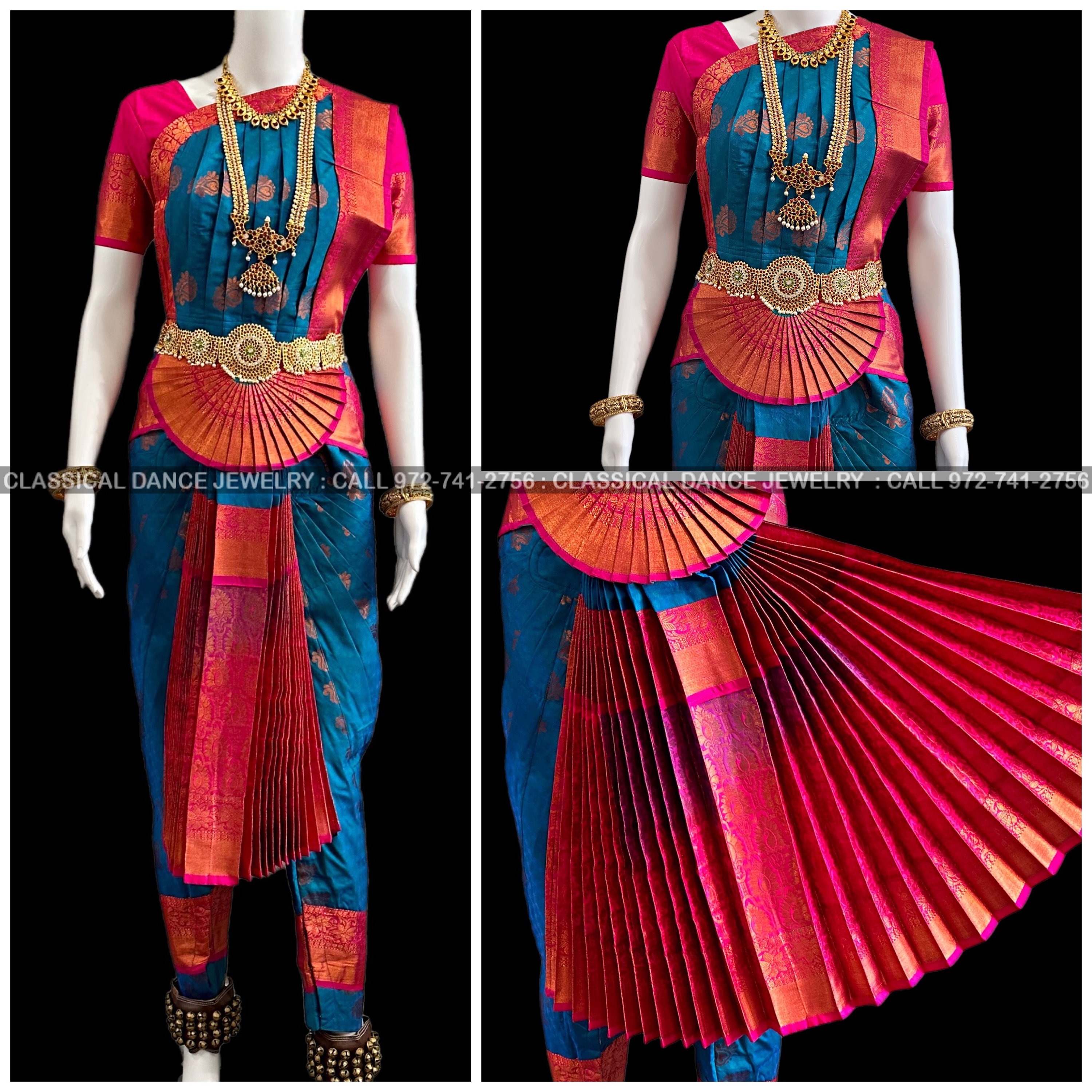 PEACOCK BLUE PINK 36 Inchs Pant Length Bharatanatyam Copper Zari