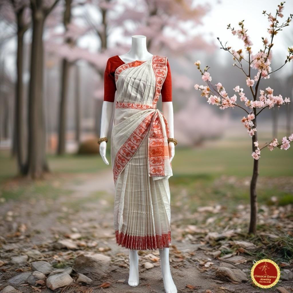 MARFIL MEDIO BLANCO Práctica precosida Sari Blusa naranja quemada / Medio Saree Kalakshethra Bharatnatyam Kuchipudi / Joyería de danza clásica