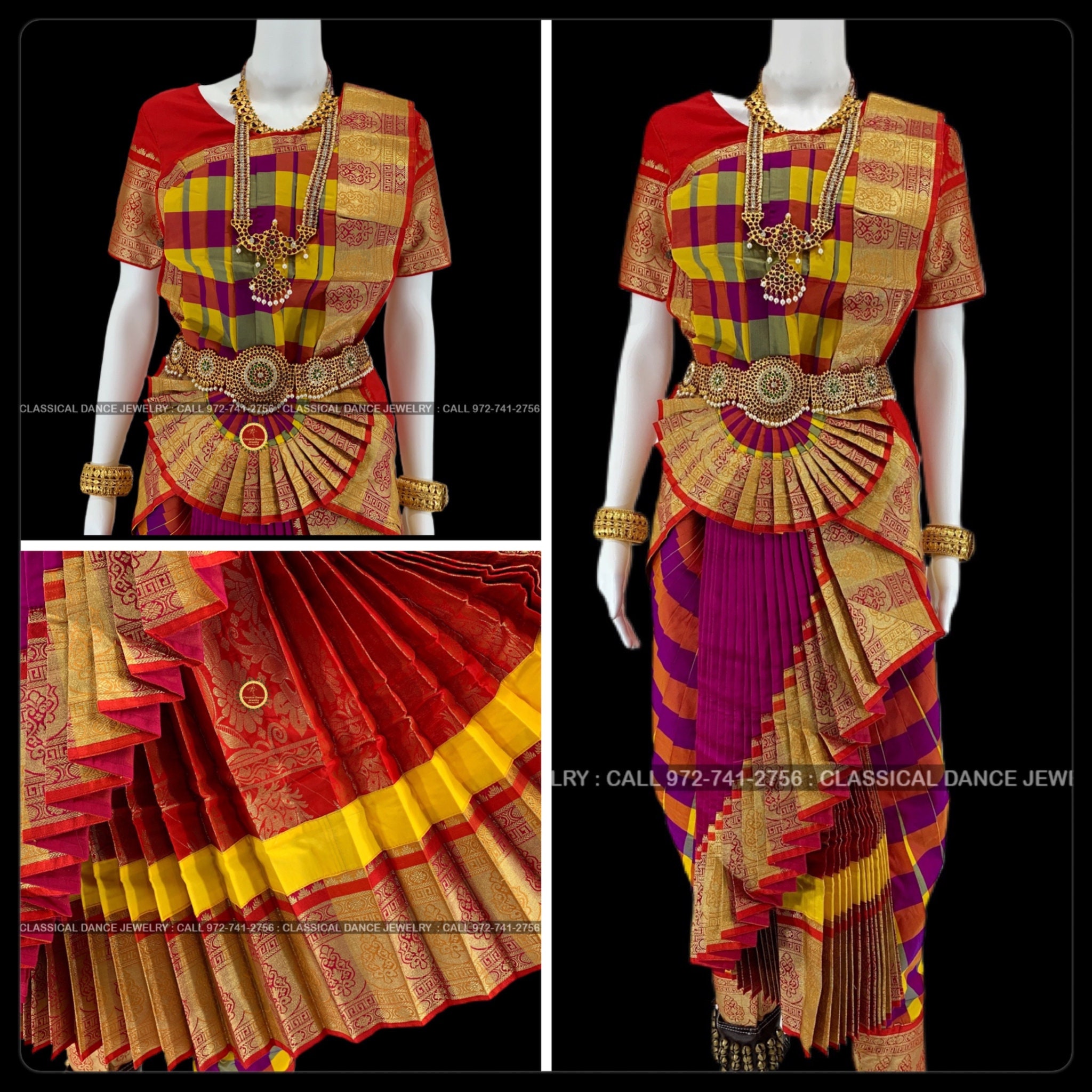 Red Purple Checks Bharatanatyam Costume 