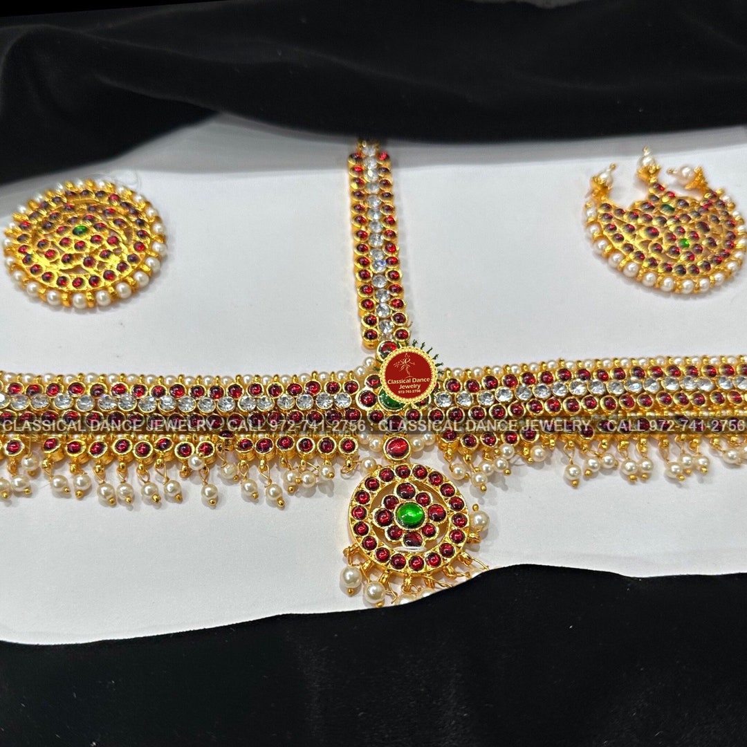 Red WHITE STONE Temple Indian Jewelry Headset Bharatnatyam, Kuchipudi