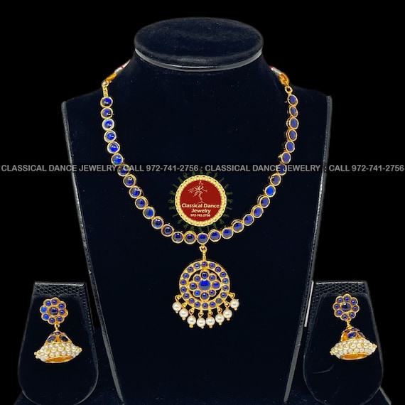 Traditional Simple Blue Addiga Necklace Pearls Temple Indian
