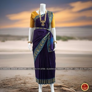 VIOLET Pre-stitched Practice Sari YELLOW Blouse | Half Saree Kalakshethra Sari | Bharatnatyam Kuchipudi Folk | Classical Dance Jewelry