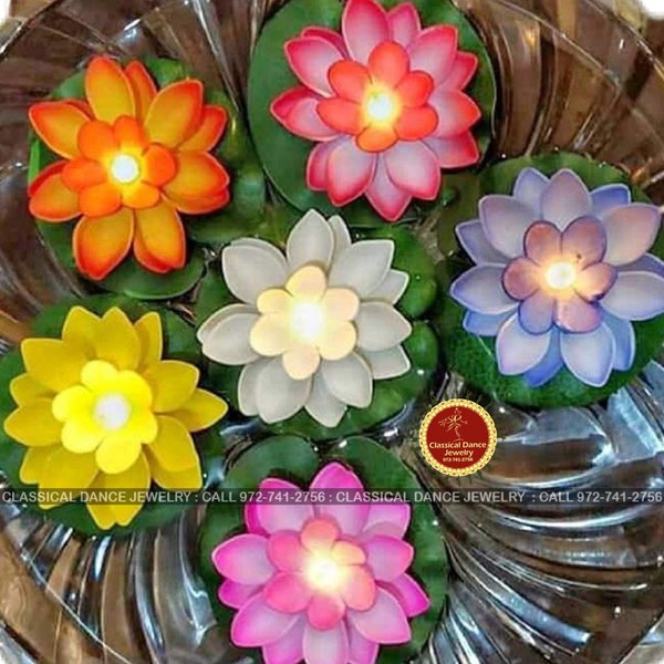 Diwali Water Sensor Floating Multicolor LED Lotus Candle Diya (6 Pcs ) lamps | Return Gifts, weddings Puja | Classical Dance Jewelry