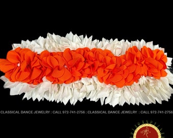 3 Rows WHITE FOLDED K-CUT Orange Round Cut Cloth Flowers Veni | Bharatanatyam Kuchipudi Dance Flowers | Kondai | Classical Dance Jewelry