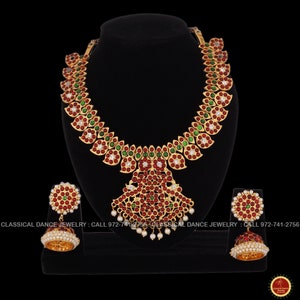 Temple Kempu Heavy Mango Mala | Short Haram Indian Jewelry | Bharatnatyam Kuchipudi Engagement Weddings Birthdays | Classical Dance Jewelry