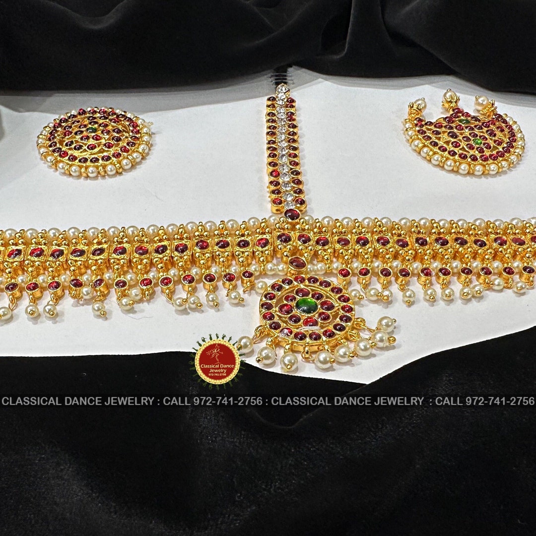 Red KEMPU Temple Indian Jewelry Headset Bharatnatyam, Kuchipudi
