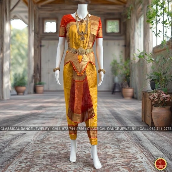 golden bharatanatyam dress Butter YELLOW ORANGE 38 Inch Pant Length Dance Costume Gold Zari | Artsilk Dharmavaram Kanchi | Classical Dance Jewelry Brand_Ashley Lauren