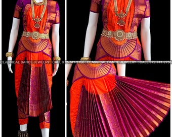 ORANJE PAARS 34 inch broeklengte Bharatanatyam koper Zari Indiase danskostuum | Kunstzijde Dharmavaram | Klassieke danssieraden