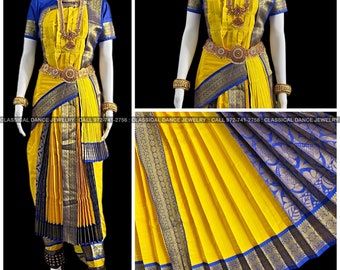 YELLOW BLUE 38 Inch Pant length Kuchipudi Indian Dance Costume | Art Silk, Dharmavaram, Benaras, kanchi | Classical Dance Jewelry
