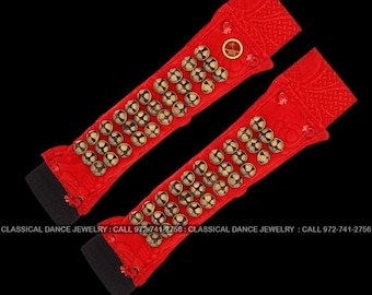 Brass Ghungroo Ankle Bells Velvet 4 Line Pad For Classical Kathak Dance With Adjustable Strap (Maroon Velvet,80 Bells