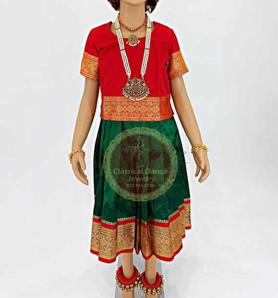 Red Green Kids 5-7 Yrs Dance Pattu Pavadai Blouse Kuchipudi