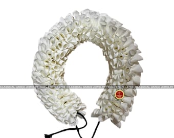 WHITE Satin folded Round Cut Flowers | Bharatanatyam Kuchipudi Dance flowers | 12 in | veni kondai | Classical Dance Jewelry