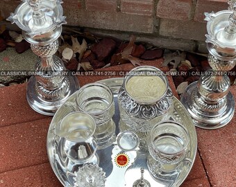 Designer German Silver Round PUJA Thali Set Return gifts Navaratri Pongal Diwali Engagement Wedding Classical Dance Jewelry