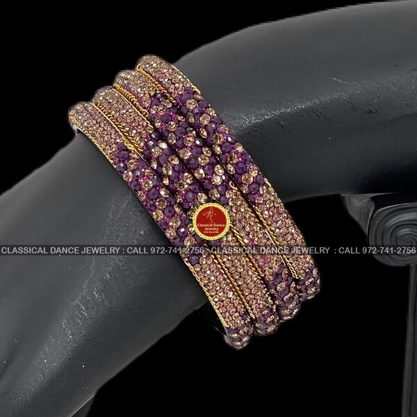 Violet Stone Gold Studded Indian Jewelry Bridal Bangles Set | Bharatnatyam, Kuchipudi, Weddings, Birthdays |  Classical Dance Jewelry