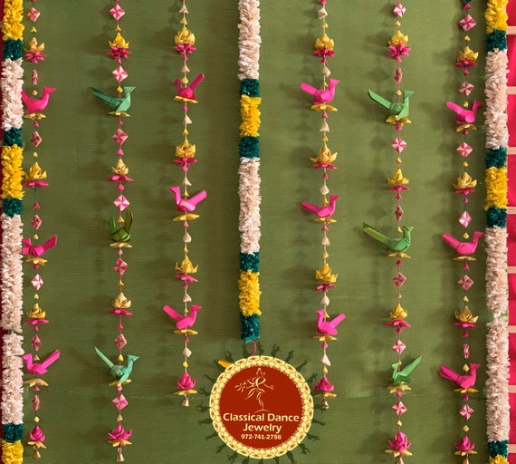 Eco Friendly palm leaves strings with parrots, lotus , bells for events or festivals | Classical Dance Jewelry