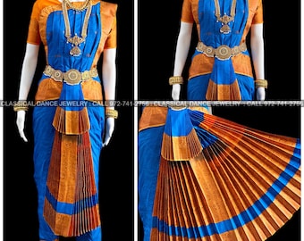 BLUE YELLOW 38 Inch Pant Length Bharatanatyam Copper Zari Dance Costume | Art silk, Dharmavaram kanchi | Classical Dance Jewelry