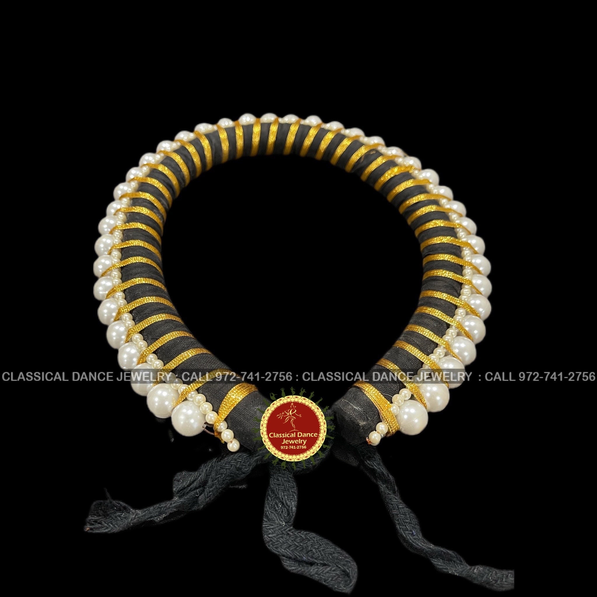 Hair Ring with Golden ribbon and white pearls | Veni kondai | Bharatanatyam Kuchipudi Dance Events | Classical Dance Jewelry