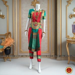 CORAL Orange REXONA GREEN 40 Inch Pant Length Bharatanatyam Dance Costume Gold Zari | Art silk Dharmavaram Kanchi | Classical Dance Jewelry