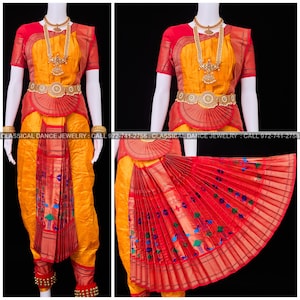 MUSTARD YELLOW RED Bharatanatyam costume | 40 Inches length Pant Size | Paithani Art silk Dharmavaram kanchi | Classical Dance Jewelry