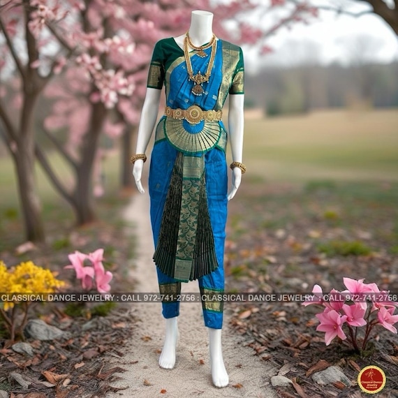 ANANDA BLUE Dark GREEN 40 Inch Pant Length Bharatanatyam Dance Costume | Gold Zari | Art silk Dharmavaram Kanchi | Classical Dance Jewelry ANANDA BLUE Dark GREEN 40 Inch Pant Length Bharatanatyam Dance Costume | Gold Zari | Art silk Dharmavaram Kanchi | Classical Dance Jewelry