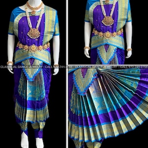 PURPLE BLUE 30 inchs Pant Length Bharatanatyam Dance Costume | Art silk Dharmavaram kanchi | Classical Dance Jewelry
