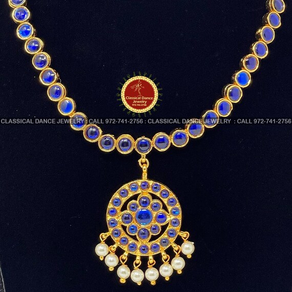 Traditional Simple Blue Addiga Necklace Pearls Temple Indian