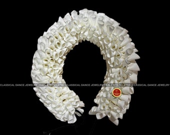 IVORY Satin folded Round Cut Flowers | Bharatanatyam Kuchipudi Dance flowers | 12 in | veni kondai | Classical Dance Jewelry