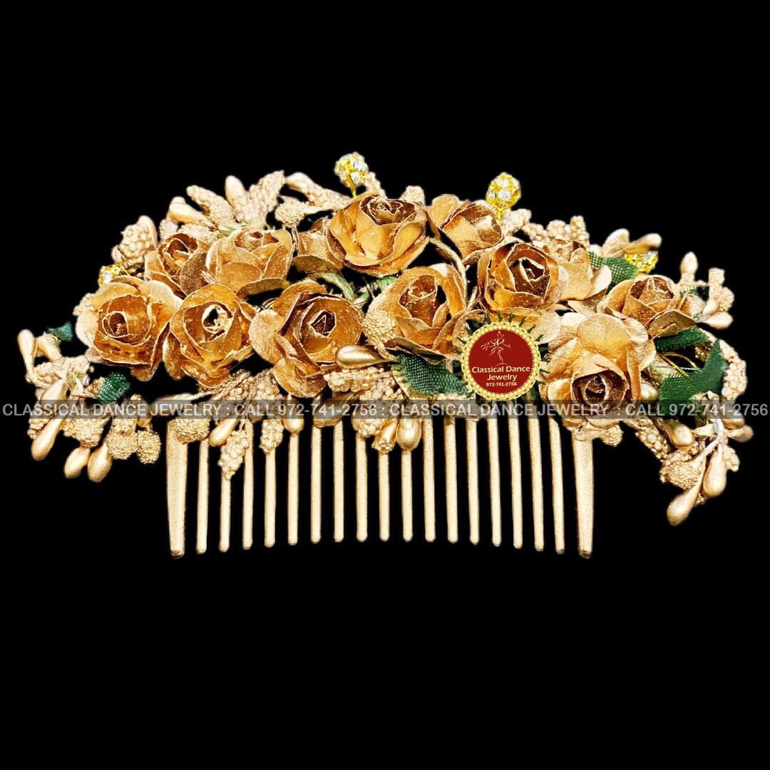 GOLD Flowers Brooch Veni Indian Hair Piece Hair Bun, Juda, Bridal