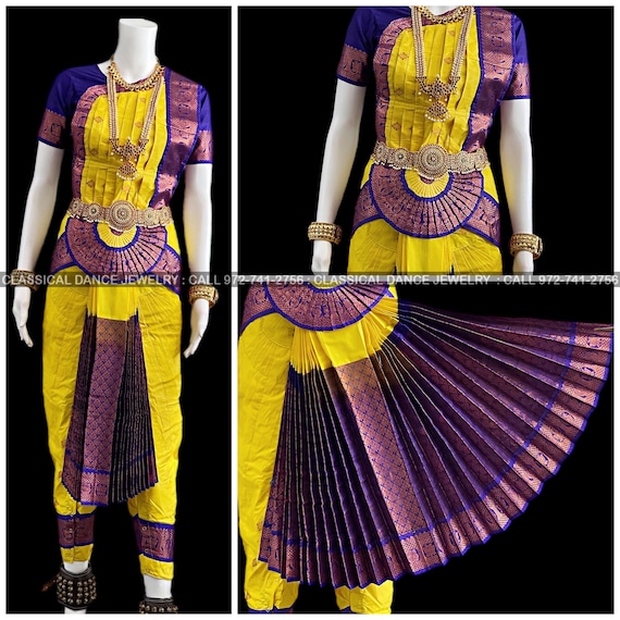 yellow and purple bharatanatyam dress LEMON YELLOW BLUE 32 Inch Pant Length Bharatanatyam Copper Zari Dance  Costume | Art Silk Dharmavaram Kanchi | Classical Dance Jewelry