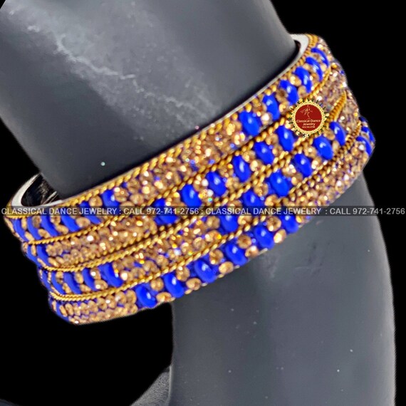 Ink Blue Stone Studded Indian Jewelry Bangles Set Bharatnatyam