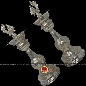 12 inch German Silver Peacock Diya Lamps Set | Return gifts Pongal Diwali Parties Engagement Weddings | Classical Dance Jewelry