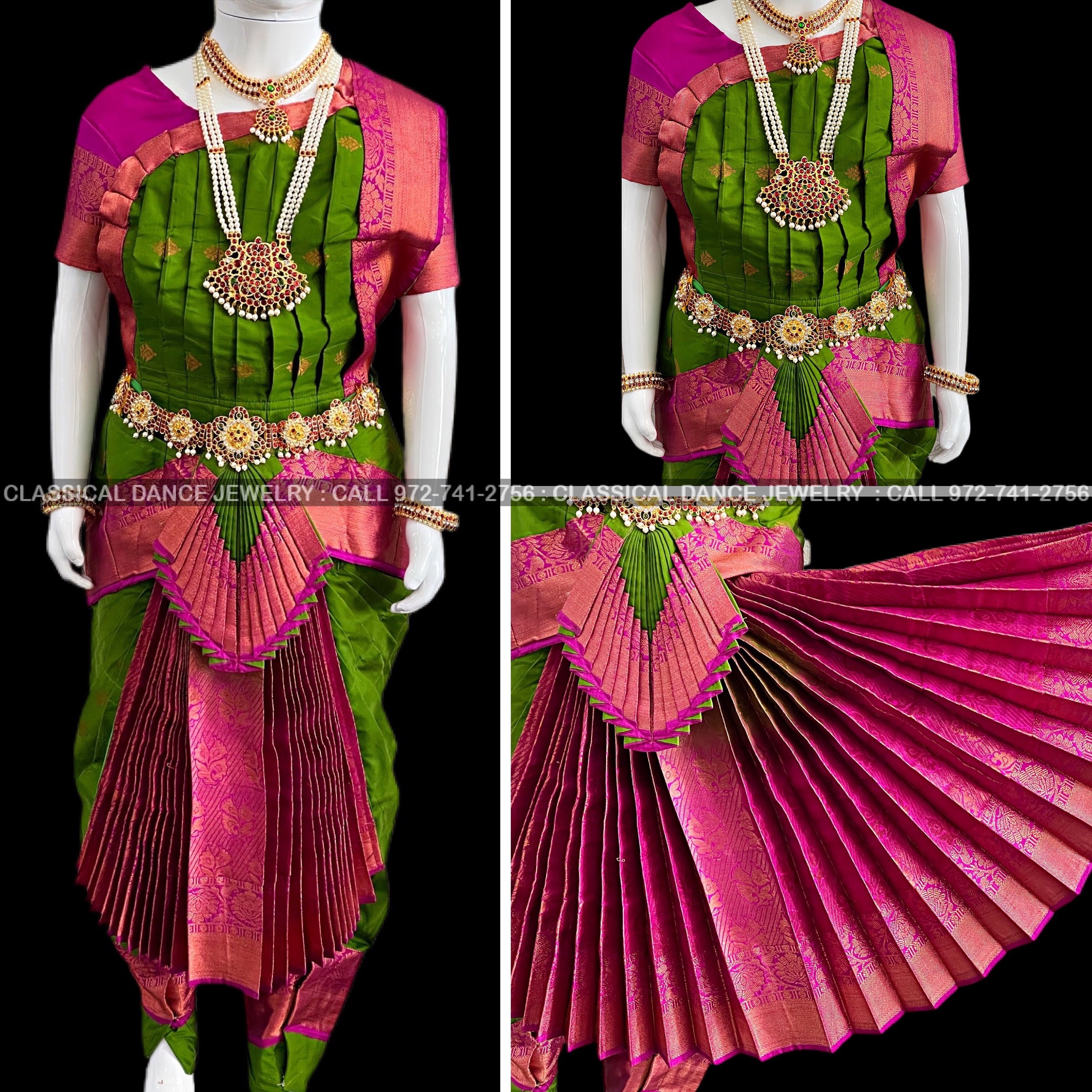 Green Purple 30 Inch Pant Length Bharatanatyam Copper Zari Dance Costume | Art Silk Dharmavaram Kanchi Classical Jewelry